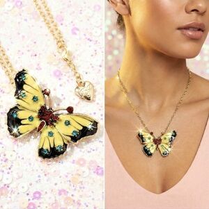 Gold plated yellow blue red crystal butterfly necklace/brooch